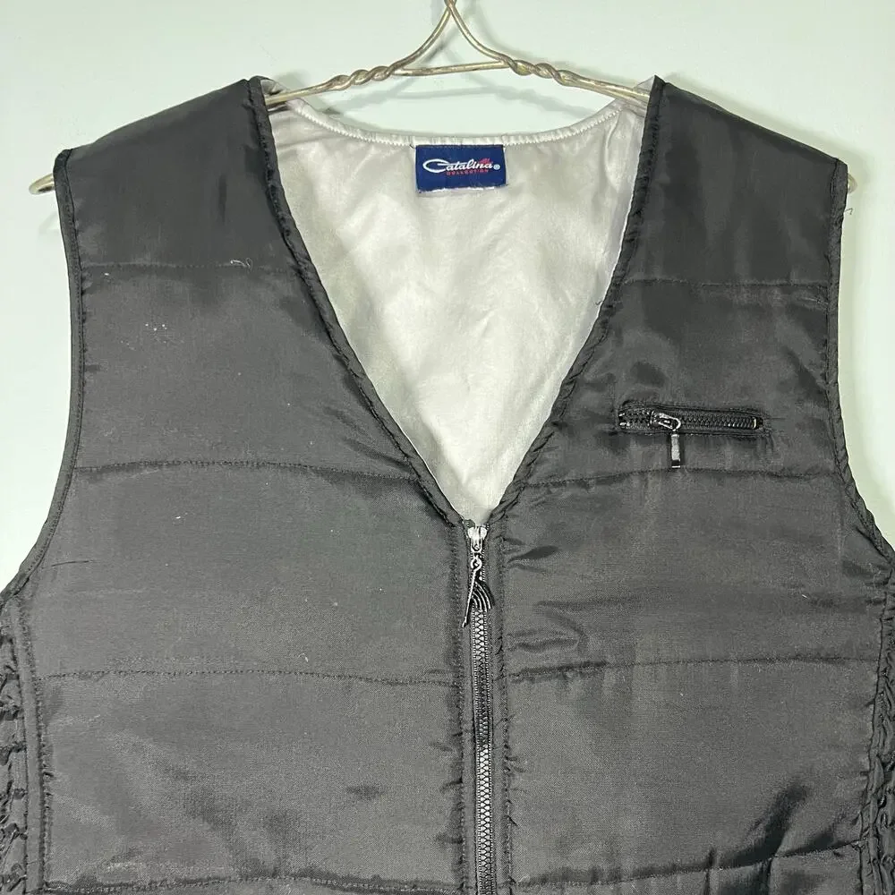 Vintage 90s Mens Size Medium Black Quilted Nylon Zip Vest Silver Lining Catalina